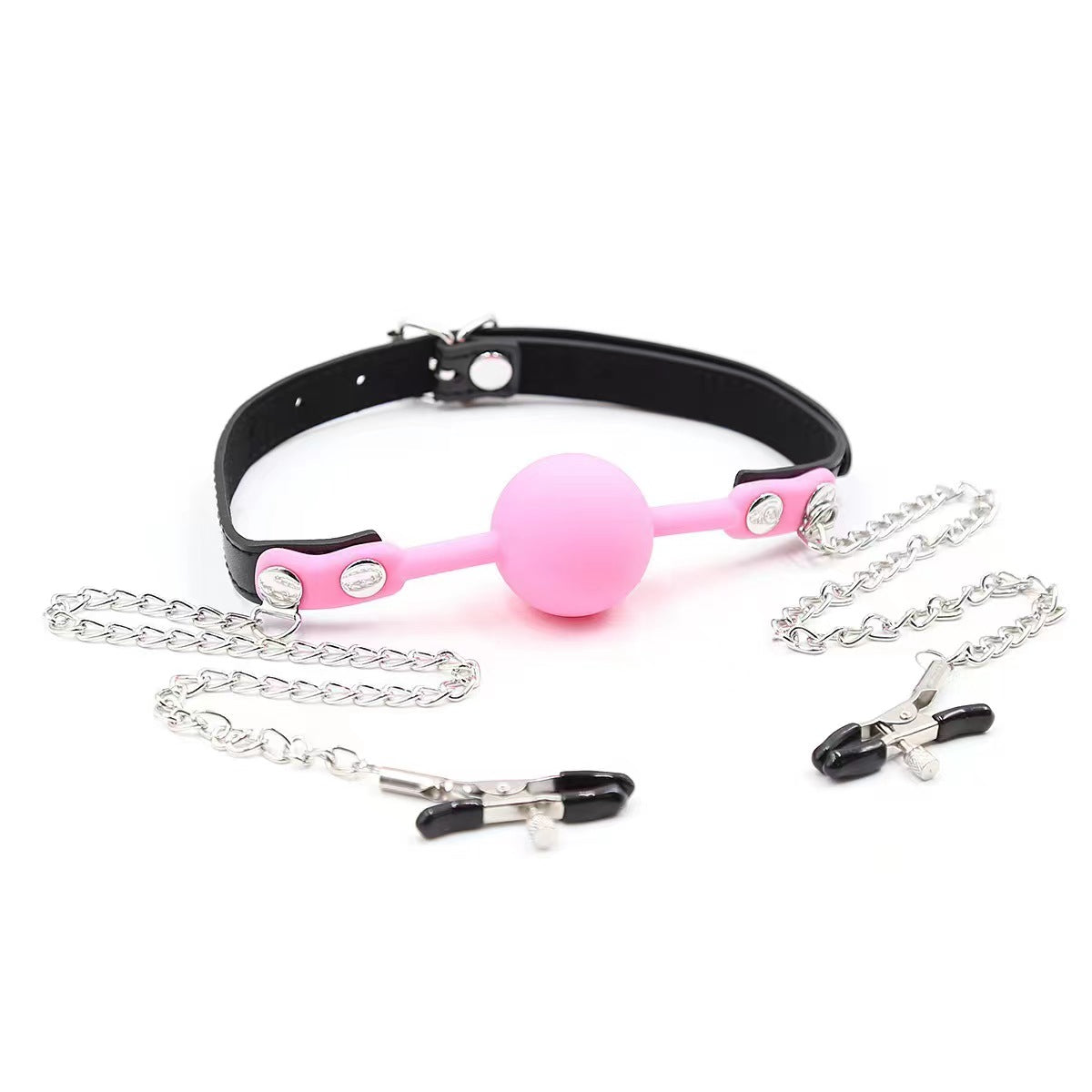 pink gag with nipple clamp