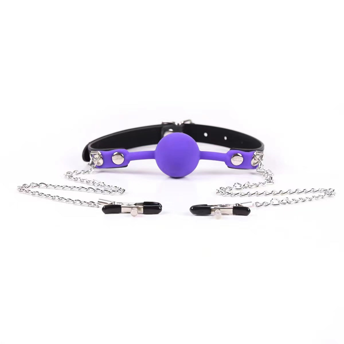 purple gag with nipple clamp